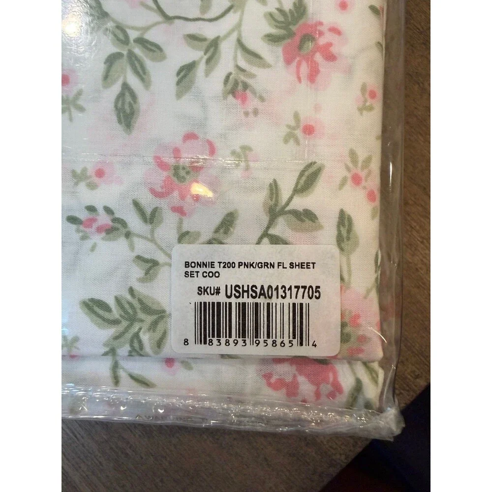 NEW Laura Ashley Full Sheet 4 Pc Set Floral Pink Rose 100% Cotton Percale